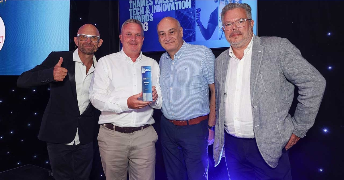 Nigel Lomas and Ian Roworth from entrustIT holding the Managed Service Provider of the Year trophy at the Thames Valley Tech & Innovation Awards 2026.