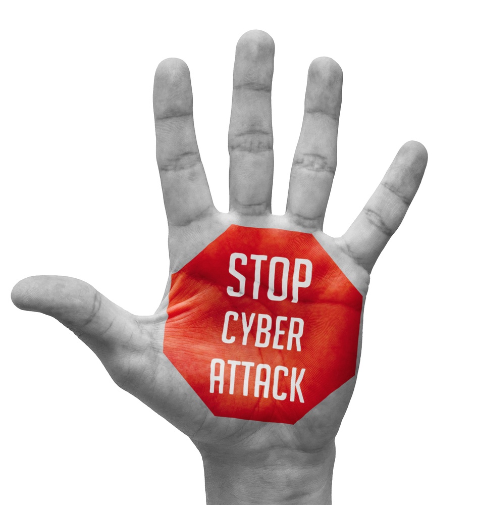 Stop Cyber Attack Sign in Red Polygon on Pale Bare Hand. Isolated on White Background.